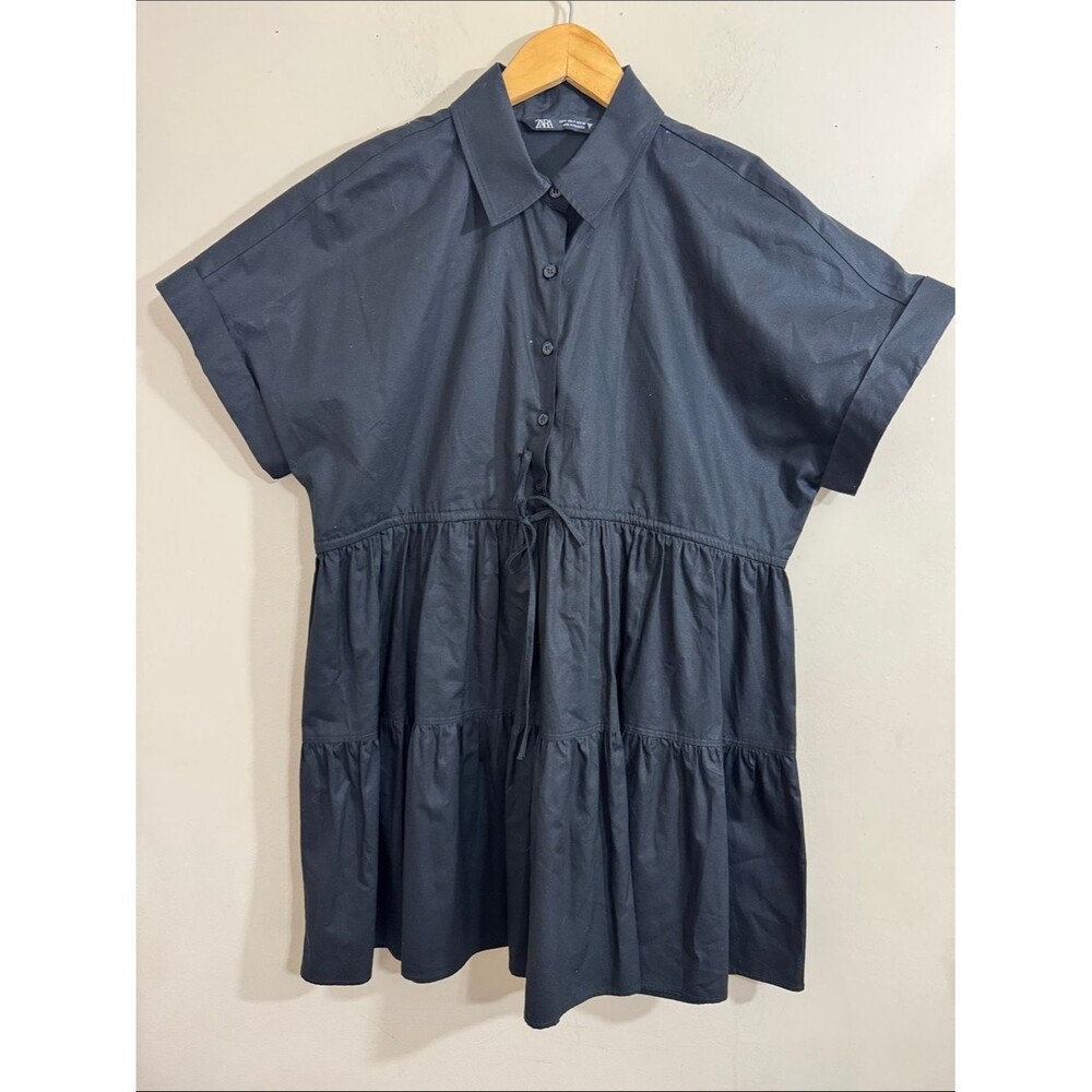 Zara Women's Black Short Sleeve Tiered Mini Shirt Dress size S Goth Minimalist